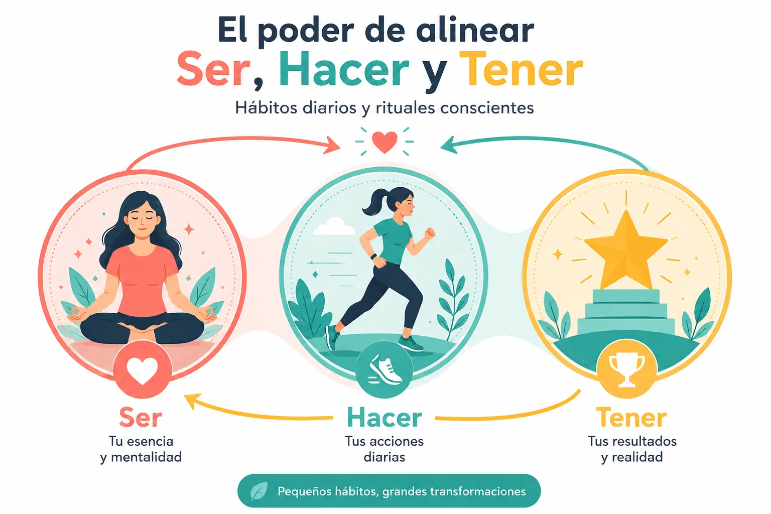 Cómo Mantener Tu Transformación Después del Entrenamiento: Guía de Sostenibilidad 1 Editorial () flat-vector infographic illustration with bright pastel palette — coral, teal, and cream. Shows three