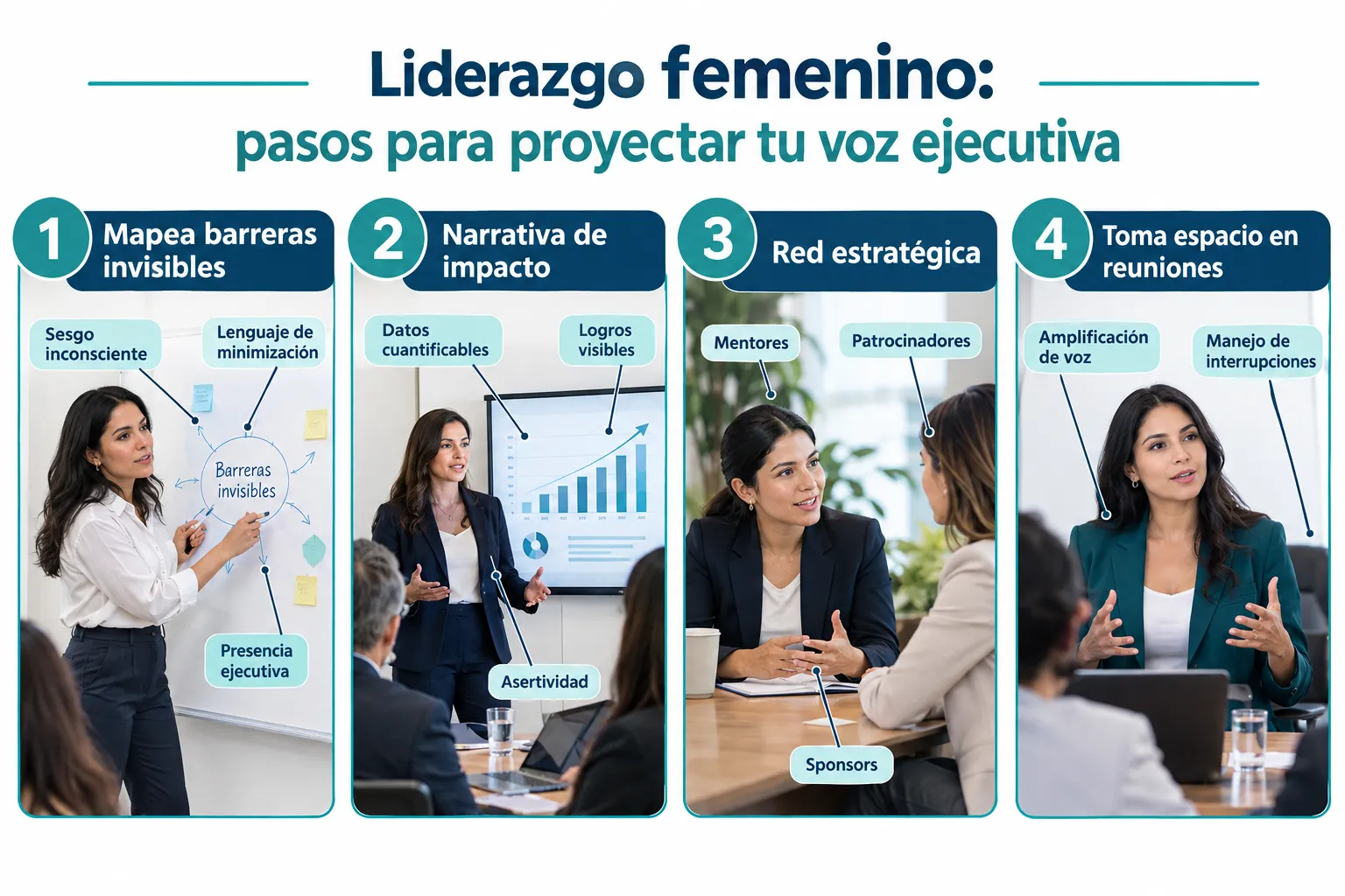 Liderazgo femenino: Guía práctica para superar barreras y proyectar tu voz ejecutiva